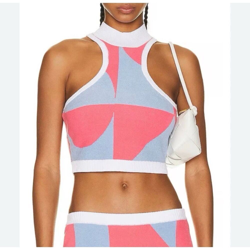 SER.O.YA “Zeri” Cropped Tank Top Light Blue Coral Pink Ribbed Knit Bodycon Sz M